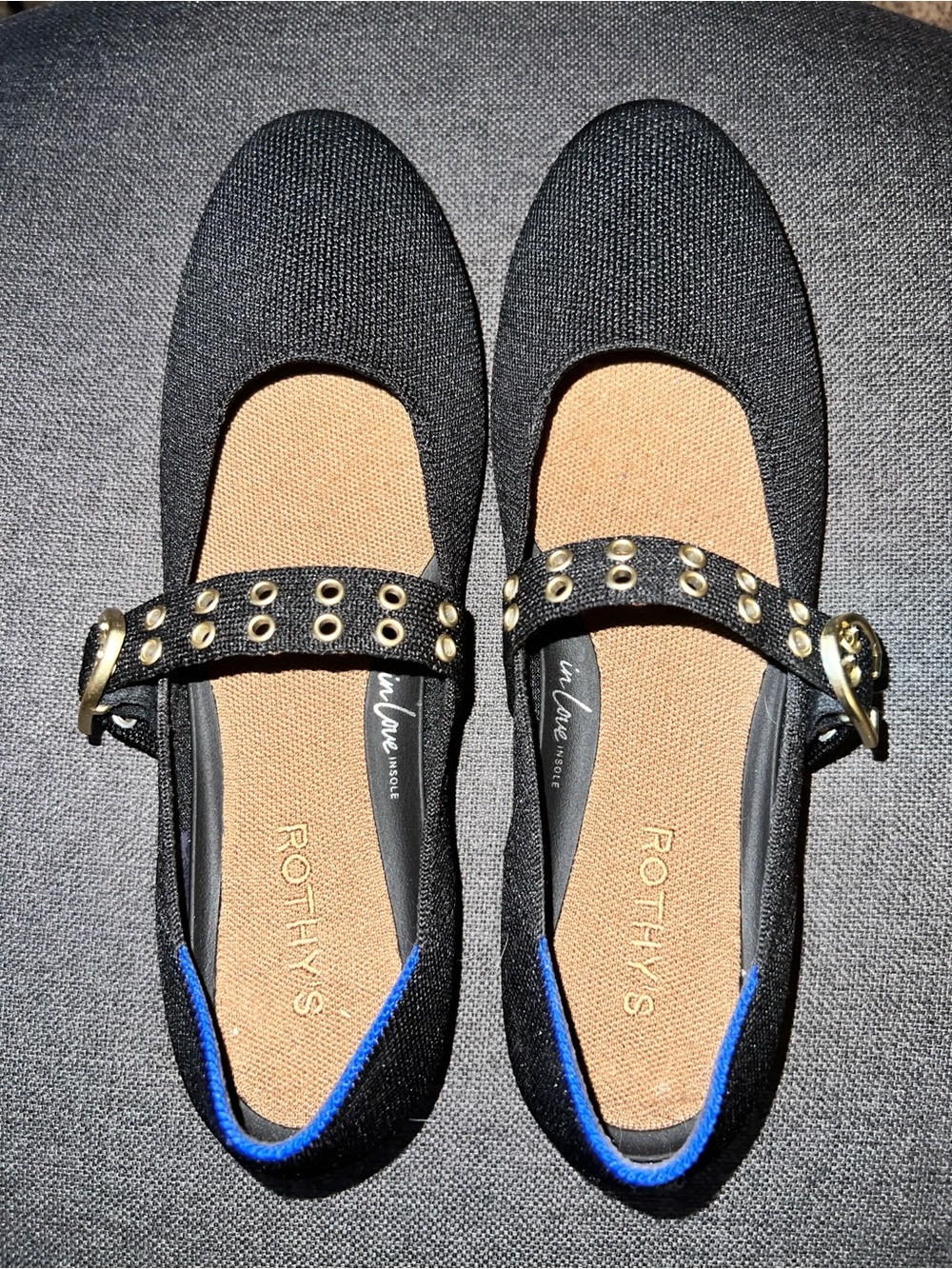 Rothy's Black Mary Jane Flats with Gold Eyelet Strap - size 10